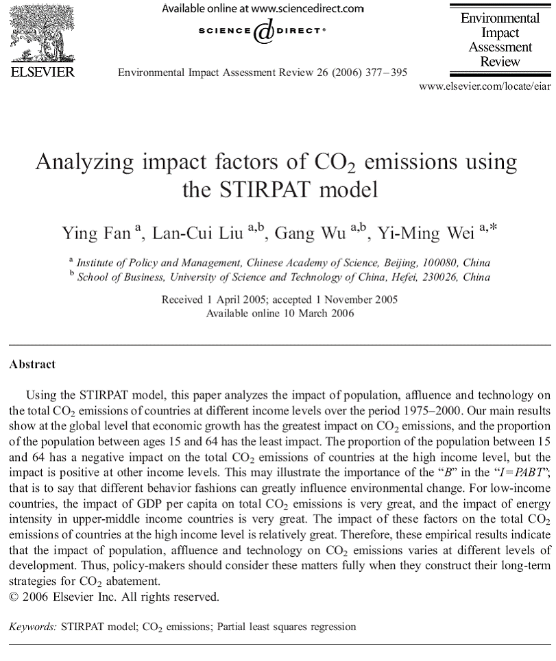 Analyzing impact factors of CO2 emissions using the STIRPAT model.Y